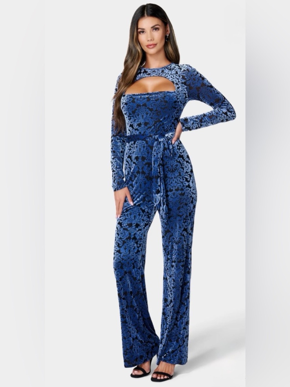 Bebe Velvet Burnout Jumpsuit Blue Black Cutout XL NWT Gothic Glam Holiday‎ Party